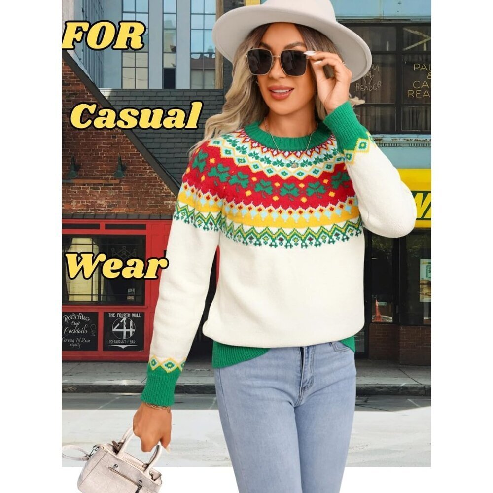 Womens Beige Christmas Sweater Lucky Clover Pattern Chunky Knit Holiday Pull - Picture 3 of 7